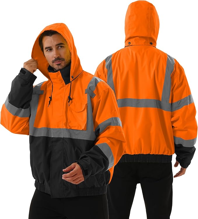 3 in 1 Safety jacket,Reflective high Visibility Hooded jacket,Hi Vis Bomber Jacket shell and fleece lining,Waterproof,ANSI Class 3 Black Bottom Orange,Large