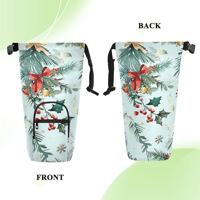 Red Bow Christmas Holly Water Bottle Holder with Strap Insulated Water Bottle Carrier Crossbody Bags Pouch with Phone Pocket for Travel Gym Hiking Walking Running