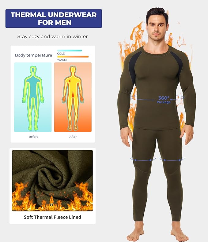 TAILONG Thermal Underwear for Men Long Johns with Fleece Lined Base Layer Hunting Gear Bottom Top for Cold Weather