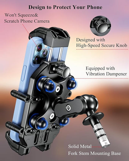 BRCOVAN Anti-Theft Motorcycle Fork Stem Phone Mount Holder with Vibration Dampener & High-Speed Secure Lock, Heavy Duty, Adjustable Size, Big Phone Friendly, Fit for 5.4-7.2'' Cellphone
