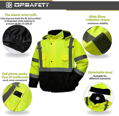 Safety jacket for men,Reflective high Visibility Hooded jacket,Hi-Vis Bomber Jacket with Pockets and Zipper,Waterproof,Black Bottom,ANSI/ISEA 107-2020 Type R Class 3,Lime