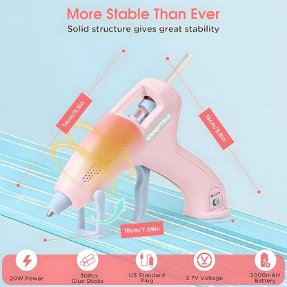 Cordless Hot Glue Gun, 20W Glue Gun with 30 Glue Sticks, 90S Fast Preheating, 2600mAh USB-C Rechargeable Hot Melt Gun for DIY Crafts, Gift Making, Home Repairs & Decoration, Gift Making (Pink)