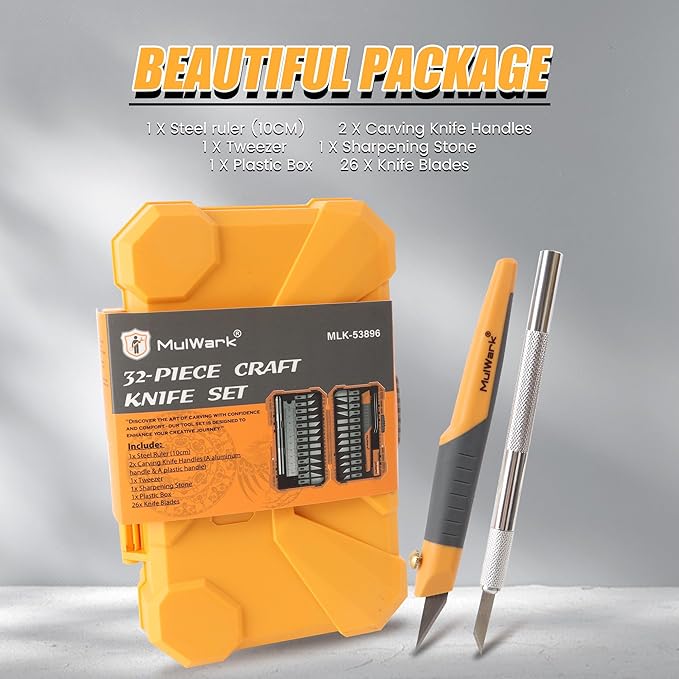 MulWark 32-Piece Precision Hobby Knife Set - Exacto Knife Set For Modeling - Craft Knife Handle Customized With Chiseling, Stencil Edge And Fine Point Blades With Sharpening Stone And Steel Ruler