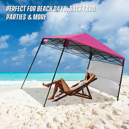 EAGLE PEAK 8x8 Pop Up Canopy Tent with Sidewall, Compact, Portable Slant Leg Instant Sun Shelter for Beach, Sports, & Camping, 8x8 Base 6x6 Top, Pink