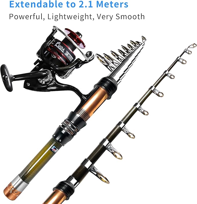 Fishing Pole Kit, Carbon Fiber Telescopic Fishing Rod and Reel Combo with Spinning Reel, Line, Bionic Bait, Hooks and Carrier Bag, Fishing Gear Set for Beginner Adults