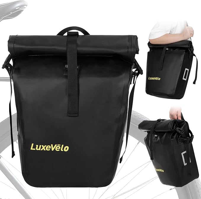 Luxevelo Lightweight Bike Pannier Bag – 27L Expandable Weather-Resistant Storage, 550D Durable PVC with Reflective Safety Strips, Multi-Functional Rack/Shoulder Bag for Commuting/Travel/Cycling