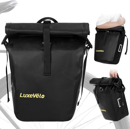 Luxevelo Lightweight Bike Pannier Bag – 27L Expandable Weather-Resistant Storage, 550D Durable PVC with Reflective Safety Strips, Multi-Functional Rack/Shoulder Bag for Commuting/Travel/Cycling