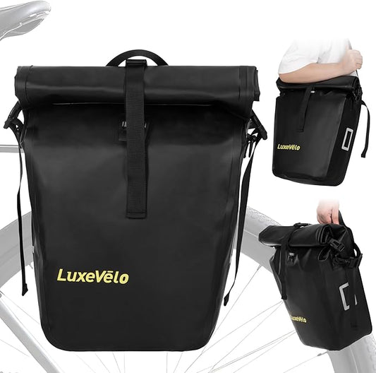 Luxevelo Lightweight Bike Pannier Bag – 27L Expandable Weather-Resistant Storage, 550D Durable PVC with Reflective Safety Strips, Multi-Functional Rack/Shoulder Bag for Commuting/Travel/Cycling