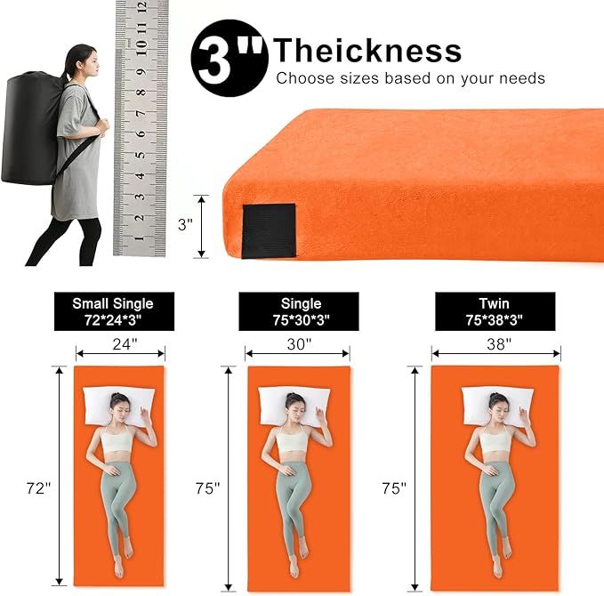 Memory Foam Camping Mattress pad, Comfortable Thick Floor Sleeping Mat for Adults with Waterproof and Non-Slip Bottom, Portable Roll Up Mattress for Sleepover Guest,Cot Mad for Car Camping