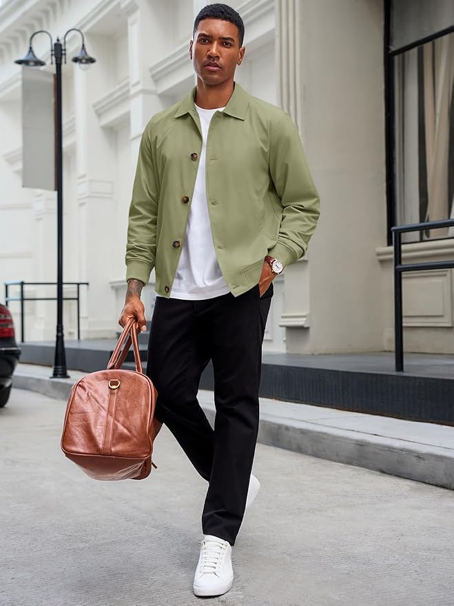 Runcati Mens Lightweight Jackets Button Down Casual Windbreaker Vintage Fall Bomber Jacket with Pockets