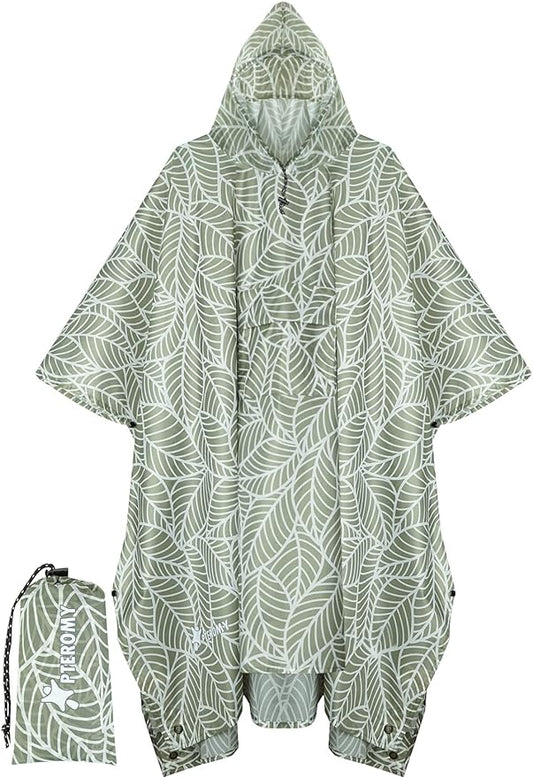 PTEROMY Hooded Rain Poncho for Adult with Pocket, Waterproof Lightweight Unisex Raincoat for Hiking Camping Emergency