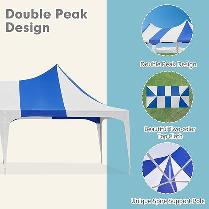 EROMMY 13x26ft Party Tent, Heavy Duty Double Peaked Canopy with Pole-Less Event Space, 60 Person Capacity Wedding Tent for Party & Event, White & Blue