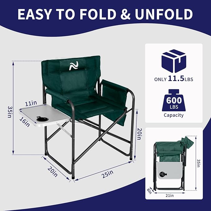 Slsy Oversized Heated Camping Chair, Portable Directors Chair with 3 Heat Levels, Heavy Duty Outdoor Heating Folding Chair Camp Chairs with Side Table, Pocket for Camping, Fishing, Picnic, Lawn