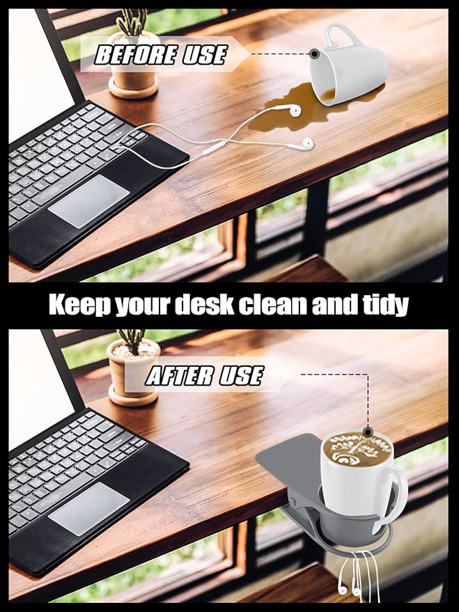 Kalolary 2PCS New Drinking Cup Holder Clip with Groove Table Bottle Cup Stand DIY Glass Cup Clamp Storage Saucer Clip Water Coffee Mug Holder Saucer Clip for Home Desk, Grey