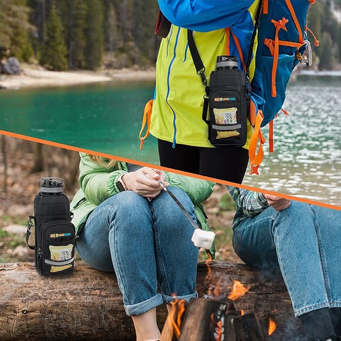 SUN CUBE Water Bottle Carrier with Strap, Insulated Water Bottle Carrier Bag with Phone Pocket Pouch, Sleeve Sling Purse Crossbody Bottle Holder for Walking, Sports, Hiking Accessories 40/64 oz