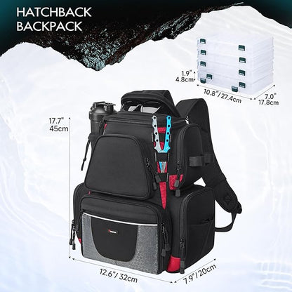 Piscifun Fishing Backpack with 2 Rod Holders & 4 Tackle Boxes, Large Tackle Storage Bag With Rain Cover for Fishing Gear