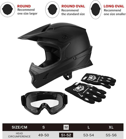 SLMOTO Youth ATV Helmet DOT Youth Kids Motocross Offroad Street Dirt Bike Helmet Motorcycle ATV Full Face Helmet with Goggles Gloves, Matte Black Medium