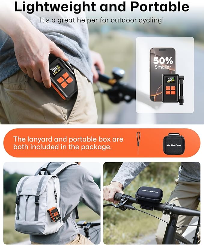 MCY Portable and Mini Bike Pump with Guage,20s Fast Inflate Electric Bike Tire Pump with 150PSI,Bicycle Pump with Presta,Schrader Valve,Auto Stop,Clear Pressure Display,Motorcycle,Ball,Swimming Ring