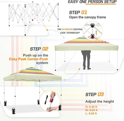 EAGLE PEAK Pop Up Canopy Tent with Wheeled Carry Bag, 8 Stakes, 4 Ropes, 4 Weight Bags, Easy Set Up Tent Canopy, 10x10 ft, 100sqft of Shade, Retro Stripe Tan