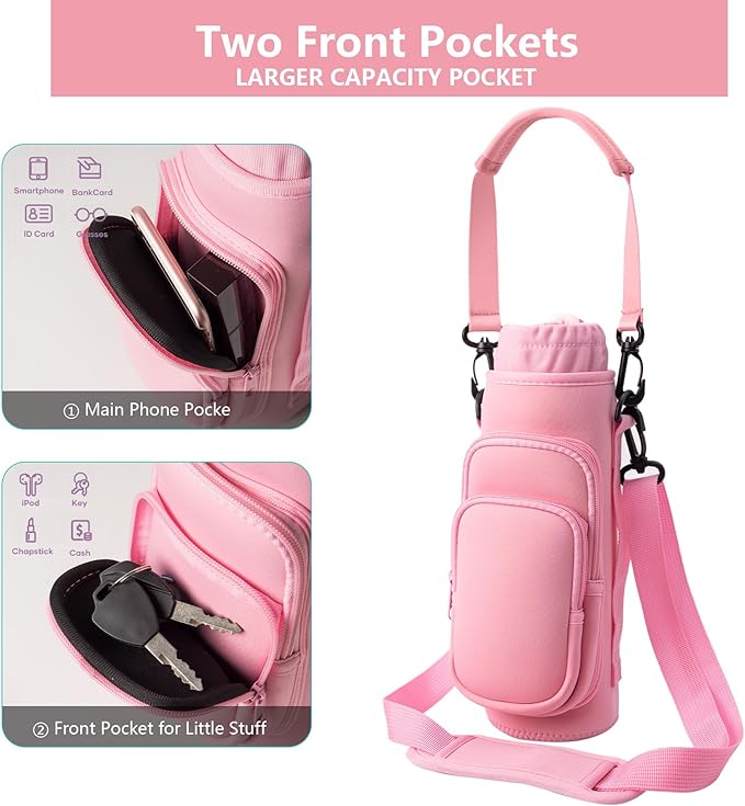 linmaya Water Bottle Carrier Bag, Insulated Water Bottle Bag Fits Stanley IceFlow Owala 16/24/32/40oz Tumbler, Water Bottle Holder with Shoulder Hand Straps, 2 Pockets for Travel, Hiking, Camping