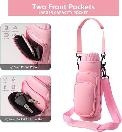 linmaya Water Bottle Carrier Bag, Insulated Water Bottle Bag Fits Stanley IceFlow Owala 16/24/32/40oz Tumbler, Water Bottle Holder with Shoulder Hand Straps, 2 Pockets for Travel, Hiking, Camping