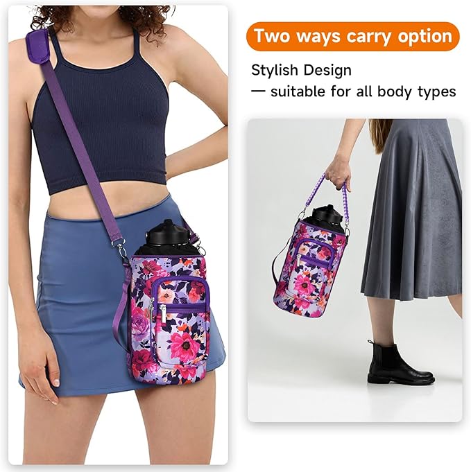 32/40/64/128 oz Neoprene Insulated Water Bottle Carrier Bag, Sling Bag Sleeve Pouch Holder with Strap & Paracord Handle and 2 Pocket for Travelling, Hiking, Camping