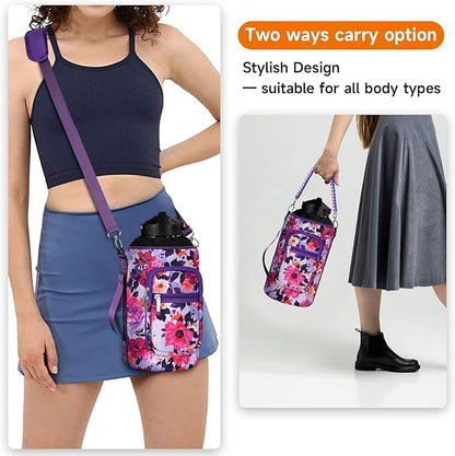 32/40/64/128 oz Neoprene Insulated Water Bottle Carrier Bag, Sling Bag Sleeve Pouch Holder with Strap & Paracord Handle and 2 Pocket for Travelling, Hiking, Camping