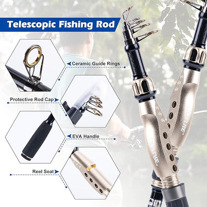 Goture Fishing Rod and Reel Combo - Carbon Fiber Telescopic Fishing Pole - Spinning Reel 9+1 Shielded Bearings Stainless Steel BB - E