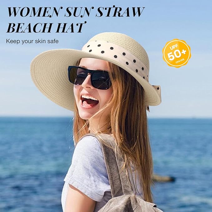 Beach Hats for Women Oversize Wide Brim Straw Sun Hat Foldable UV Protection Hat for Travel