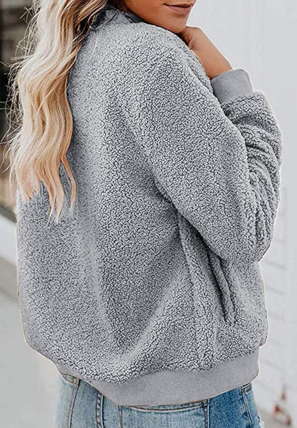 MIROL Women's Fall Trendy Fleece Jacket Faux Sherpa Fuzzy Casual Long Sleeve Zip Up Loose Fit Bomber Winter Coat