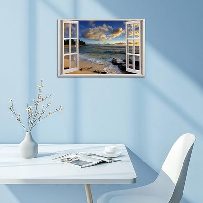 ANRUOXI Beach Pictures Wall Art Decor for Living Room, Blues Ocean Painting Decor for Bedroom, White Window Frame Style Sunset Sea Canvas Wall Decor, Coastal Landscape Artwork for Office 18x24 Inch