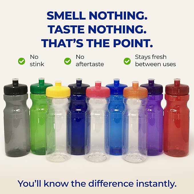 Rolling Sands USA Made 24 Ounce Sports Water Bottles - 100 Pack BPA-Free Blank Plastic Bottles for Group Use, Fitness Classes & Events - Translucent Purple Bottle/Purple Lid