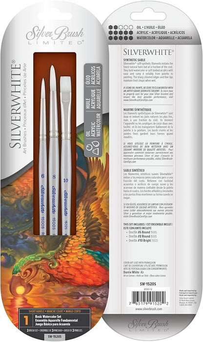 Silver Brush Limited SW-1520S Silverwhite Basic Watercolor Set for Watercolor Painting, Set of 3, #10 Bright, #6 & #8 Round Brushes, Short Handle