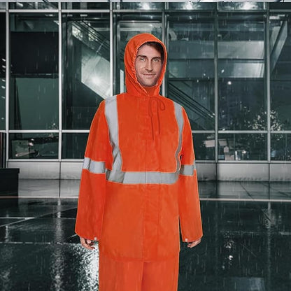 High Visibility Rain Suit, High Vis Rain Suit for Men, Waterproof Rain Jacket with Hood, Class 3 Lightweight Hi Vis Rain Gear for Outdoor & Safety Work, Men Women, Orange T, 4XL-5XL