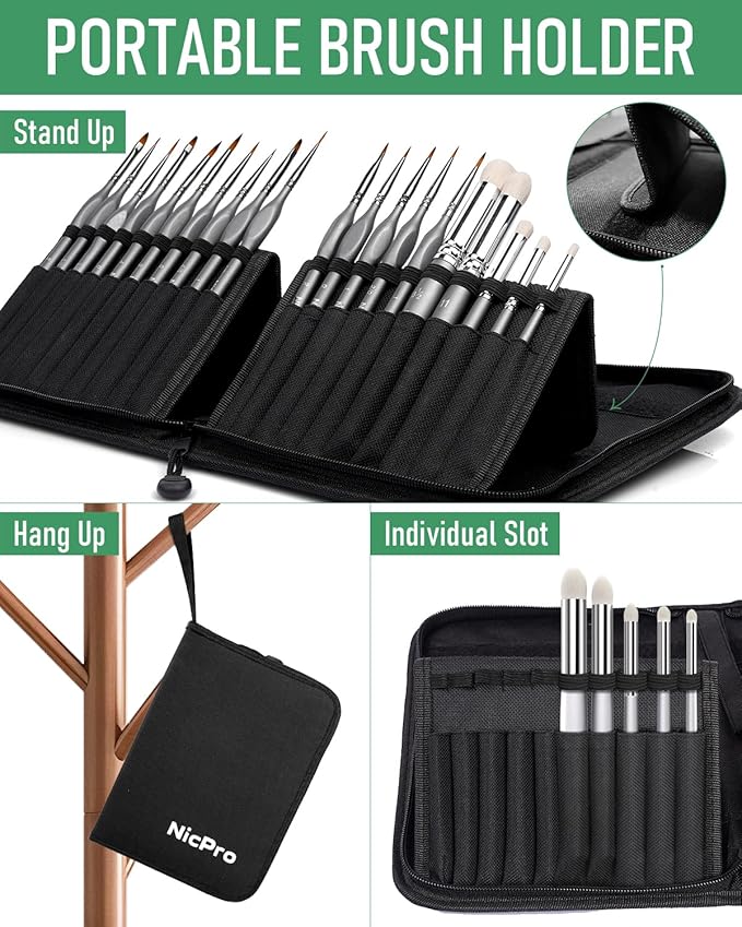 Nicpro Miniature Paint Brushes Dry Brush - 20PCS Model Paint Brush Set with Nylon Case for Acrylic, Oil, Watercolor, Detail Paint Brush Drybrush for Model, Miniature Painting, Paint by Numbers, Craft