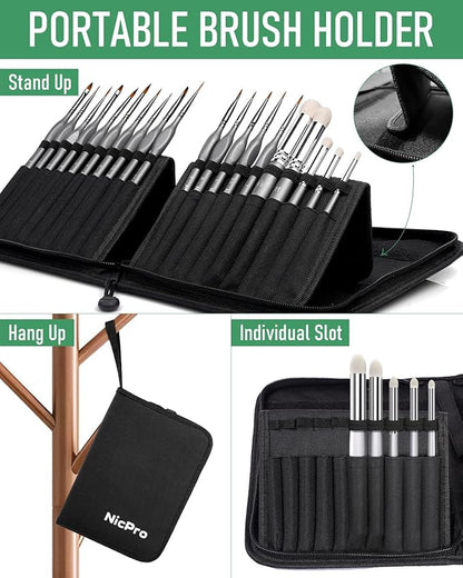 Nicpro Miniature Paint Brushes Dry Brush - 20PCS Model Paint Brush Set with Nylon Case for Acrylic, Oil, Watercolor, Detail Paint Brush Drybrush for Model, Miniature Painting, Paint by Numbers, Craft