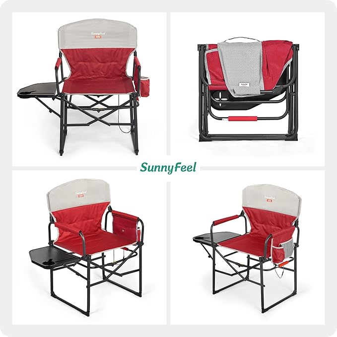 SUNNYFEEL Heated Camping Directors Chair, Heavy Duty,Oversized Portable Folding Chair with Side Table, Pocket for Beach, Fishing,Trip,Picnic,Lawn,Concert Outdoor Foldable Camp Chairs