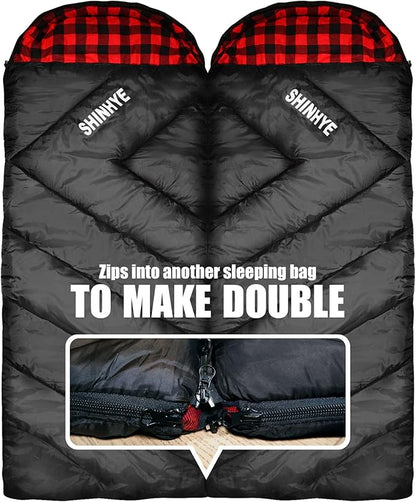 ShinHye 0 Degree Sleeping Bag for Adults - Cotton Flannel 4 Season Cold Weather Winter, XXL Big and Tall Camping Sleeping Bag with Compression Sack