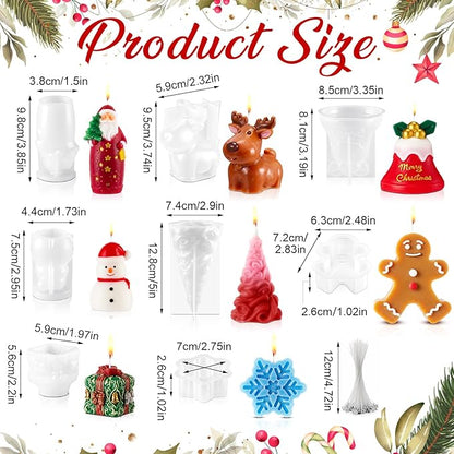 LemonRoad 8 Pcs 3D Christmas Candle Mold Set Silicone Soap Epoxy Resin Wax Mold 3D Christmas Tree, Santa, Elk, Snowman for Candle Resin Soap Craft Cake Chocolate Making Kit for Xmas Gift Party Decor