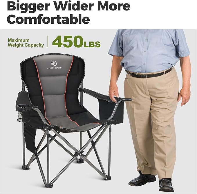 ALPHA CAMP Oversized Camping Chair Heavy Duty Lawn Chair with Cooler Bag Support 450 LBS Steel Frame Collapsible Padded Arm Quad Lumbar Back Folding Chair for Lawn Outdoor