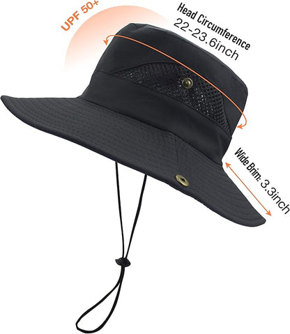 Men's Sun Hat Outdoor UPF50+ Mesh Wide Brim Bucket Safari Cap Foldable Waterproof Boonie Fishing Hats
