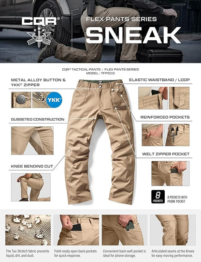 CQR Men's Flex Stretch Tactical Pants, Water Resistant Ripstop Cargo Pants, Lightweight EDC Outdoor Work Hiking Pants