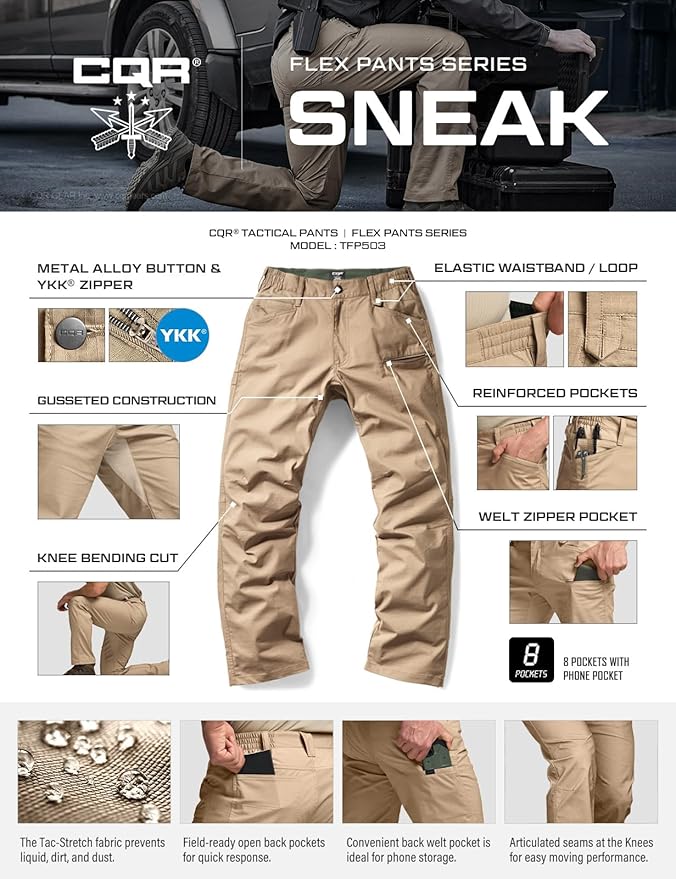 CQR Men's Flex Stretch Tactical Pants, Water Resistant Ripstop Cargo Pants, Lightweight EDC Outdoor Work Hiking Pants