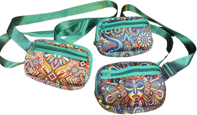 Yewande&co Neoprene Fanny Pack Belt Bag – Lightweight Waterproof Waist Bag with Adjustable Strap, 3 Zippered Pockets, Crossbody Belt Bag for Travel, African Design Crossbody Bags (Flower)