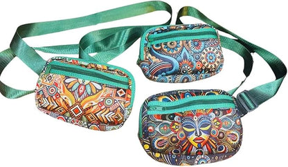 Yewande&co Neoprene Fanny Pack Belt Bag – Lightweight Waterproof Waist Bag with Adjustable Strap, 3 Zippered Pockets, Crossbody Belt Bag for Travel, African Design Crossbody Bags (Flower)