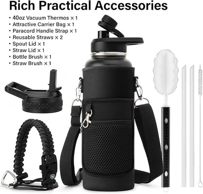 40 oz Insulated Water Bottle | Thickened Stainless Steel Vacuum Metal | Portable Sports Water Jug for Gym and Hiking with Straw, Carrier Bag, Handle Strap | BPA-Free 40 oz, Black