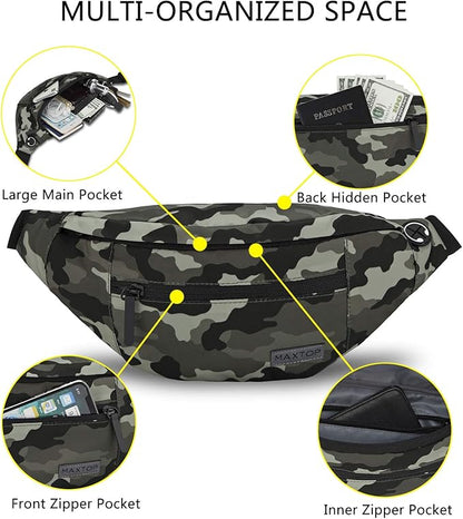 MAXTOP Large Crossbody Fanny Pack with 4-Zipper Pockets,Gifts for Enjoy Sports Festival Workout Traveling Running Casual Hands-Free Wallets Waist Pack Phone Bag Carrying All Phones