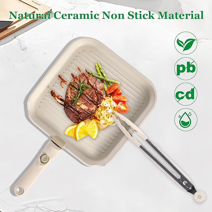 12 PCS Kitchen Cookware Set Aluminum non stick pan Removable & microwaveablewith, Induction Pot Pan Set for RV Cookware,Oven Safe, PFOA Free(White)