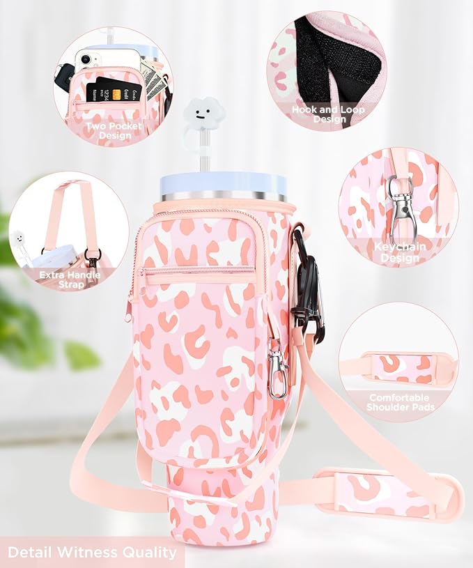 dabria Water Bottle Carrier Bag with Phone Pocket for Stanley 40/30 oz Tumbler Neoprene Water Bottle Holder Pouch with Adjustable Strap Bollus with Straw Cover & Carabiner for Stanley Cup Accessories