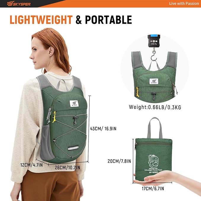 SKYSPER Foldable Hiking Backpack - 10L Small Lightweight Daypack Breathable Travel Backpacks for Men Women